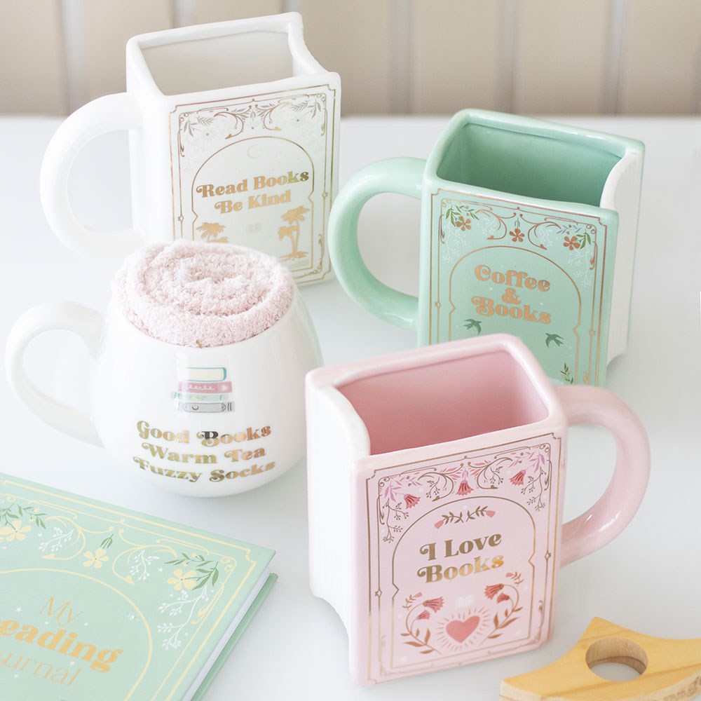 Tazza a forma di libro bianco «Read Books Be Kind»