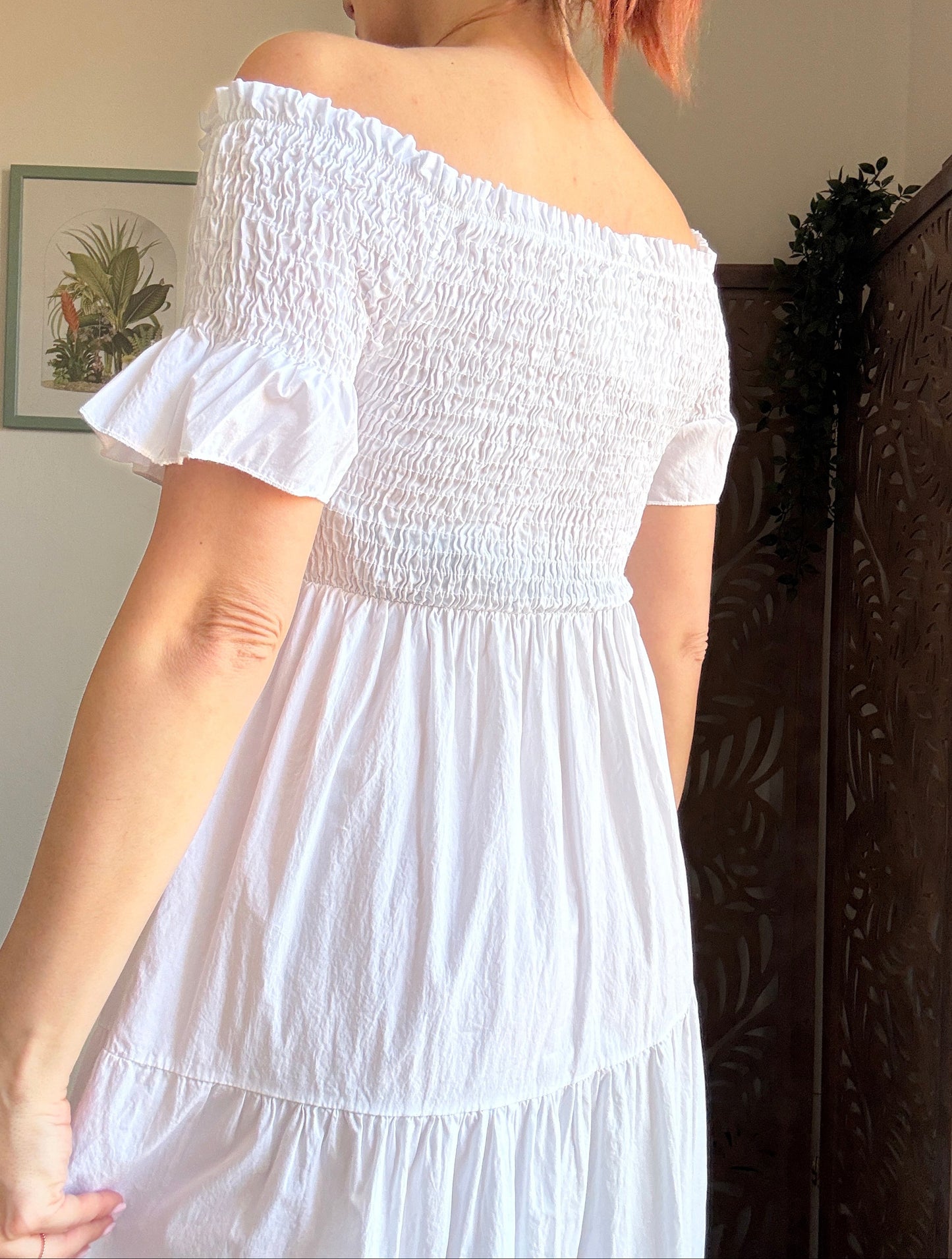 Vestito Lungo Balze in Cotone con Scollo a Barca e Corpetto Elastico - In 2 Colori