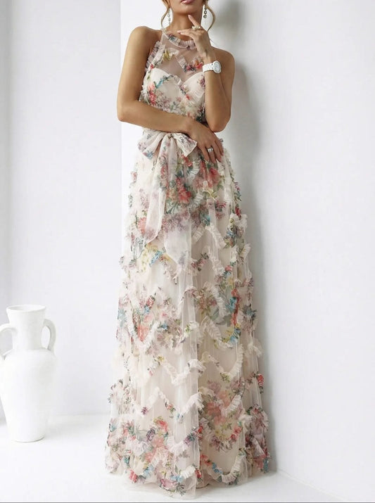 Abito Iris - Incanto Floreale: Abito Lungo in Tulle con Volant - Beige