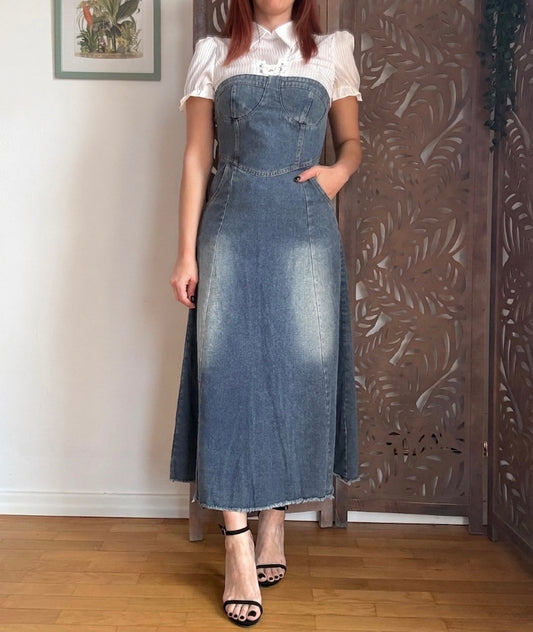 Abito Lungo Denim a Bustino con Scollo a Cuore e Orlo a Vivo