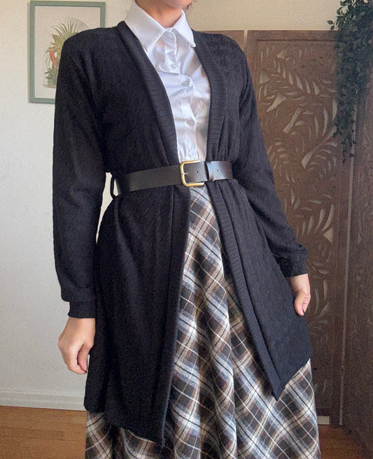 Cardigan aperto lungo leggero in maglia con cintura in 2 colori - Beige e Nero