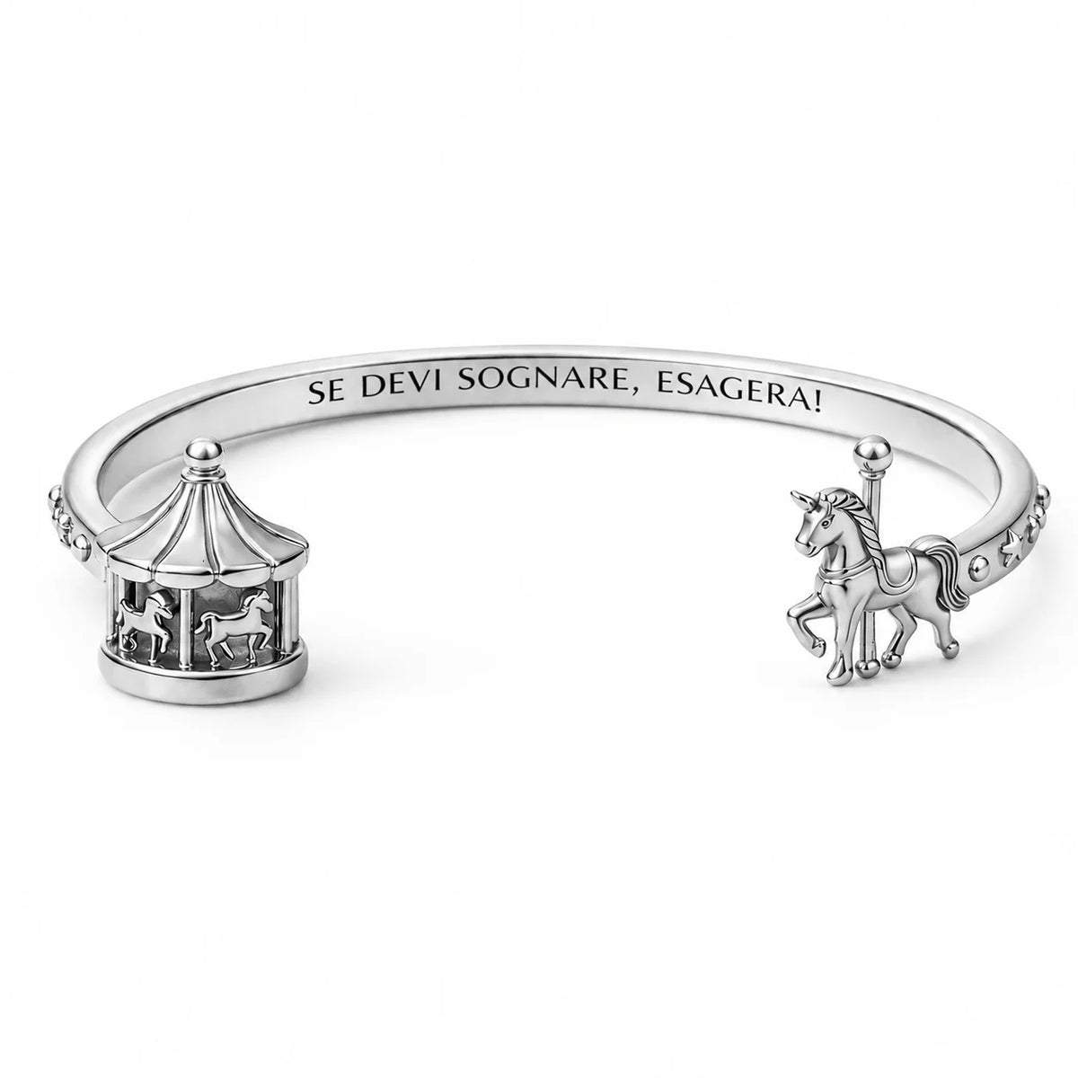 Bracciale “Se devi sognare, esagera!” con carosello e cavallo in acciaio 316L