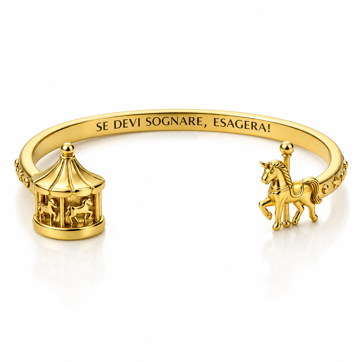 Bracciale “Se devi sognare, esagera!” con carosello e cavallo in acciaio 316L