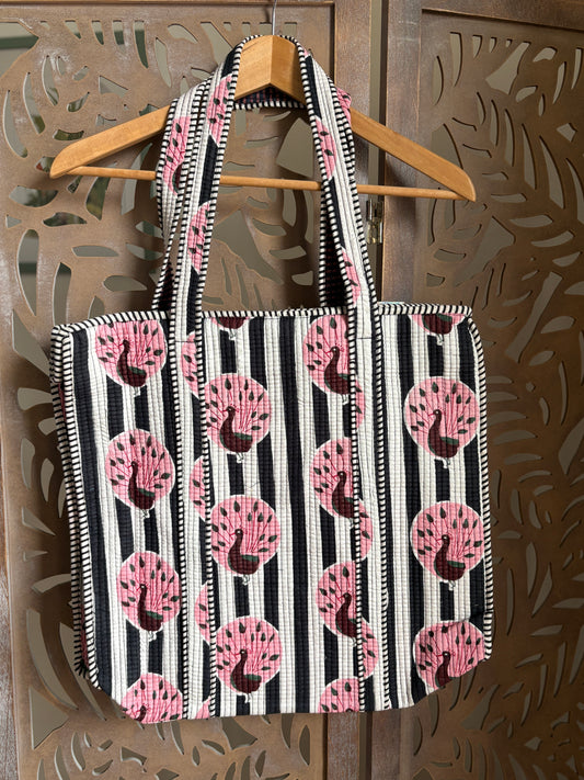 Borsa Tote Trapuntata in Cotone con Zip - Pavoni