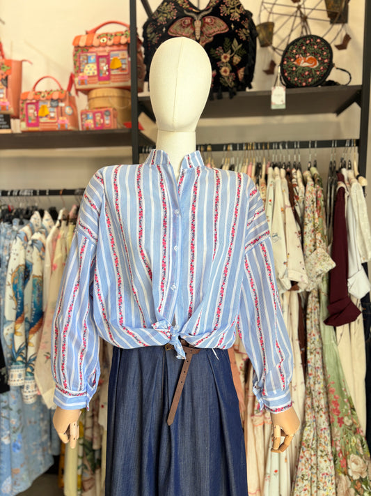 Camicia Rigata con Ricamo Floreale