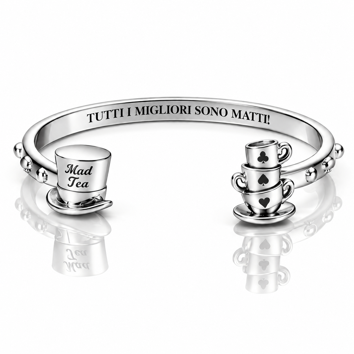 Bracciale “Tutti i migliori sono matti!” con cilindro e tazzine in acciaio 316L