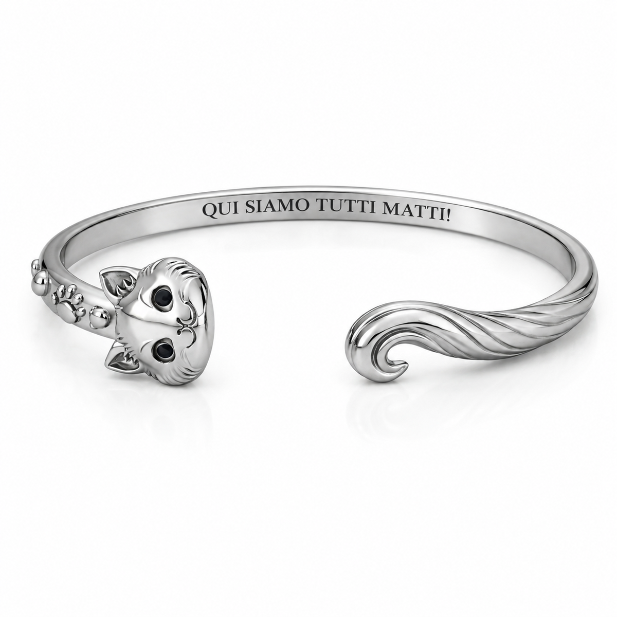 Bracciale “Siamo tutti matti qui!” con gatto del Cheshire in acciaio 316L