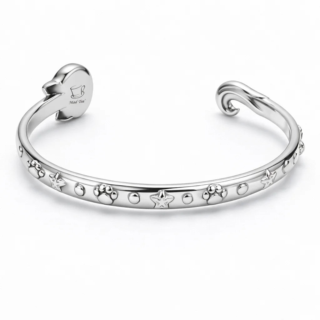 Bracciale “Siamo tutti matti qui!” con gatto del Cheshire in acciaio 316L