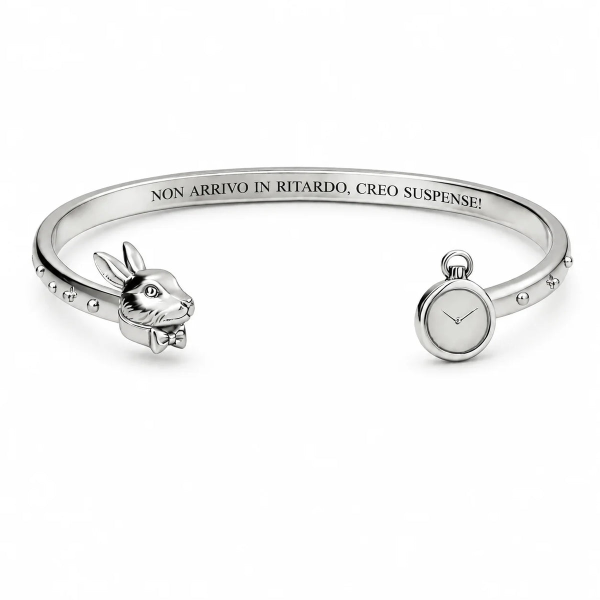 Bracciale “Non arrivo in ritardo, creo suspense!” con Bianconiglio e orologio in acciaio 316L