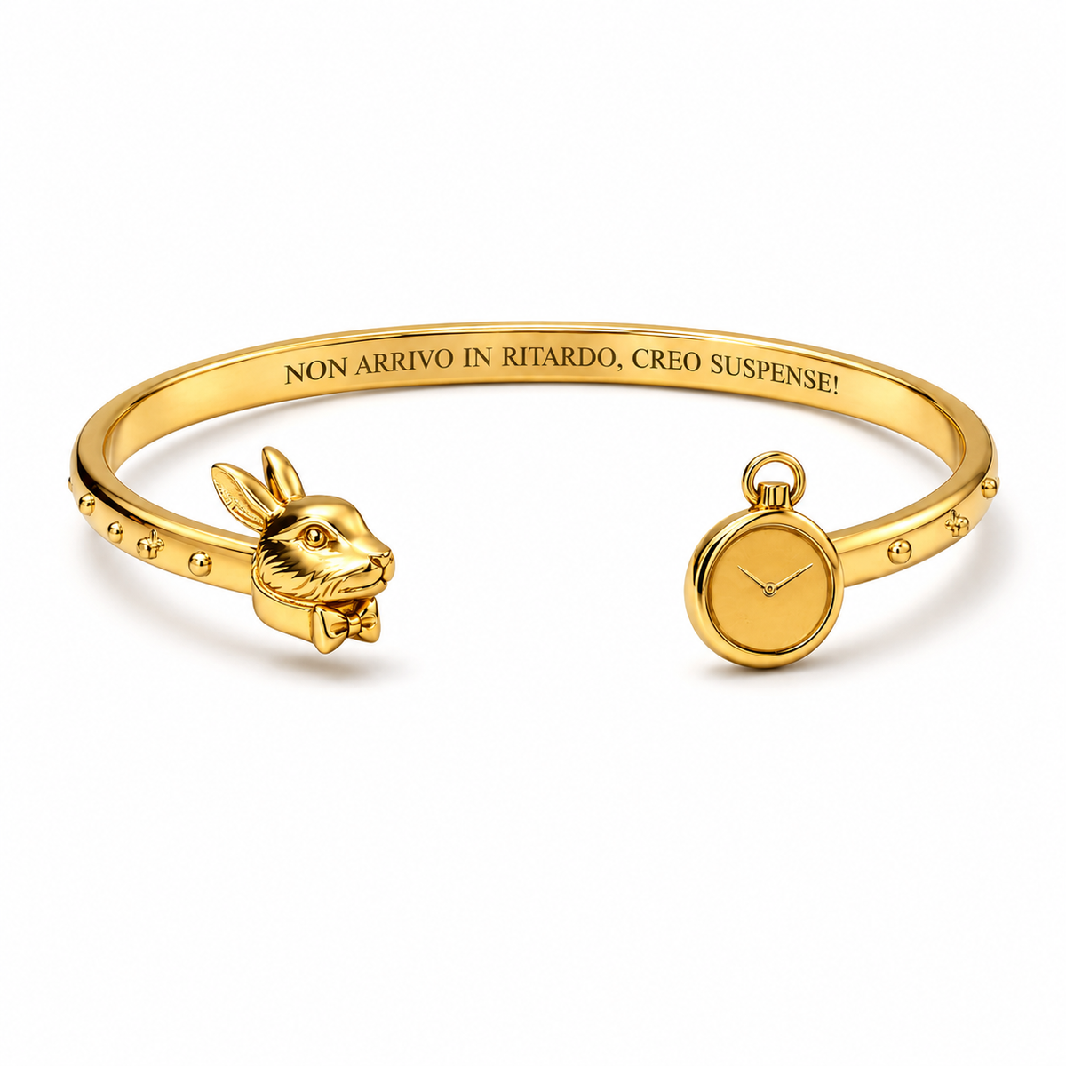 Bracciale “Non arrivo in ritardo, creo suspense!” con Bianconiglio e orologio in acciaio 316L