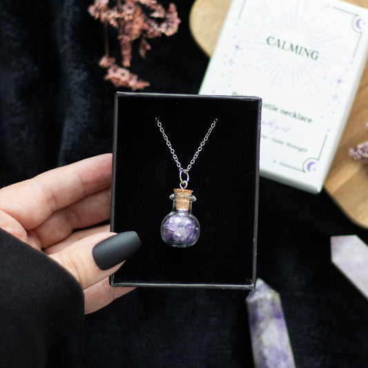 Collana della Calma con Bottiglietta di Pozione e Ametista – Collezione "Crystal Witch"