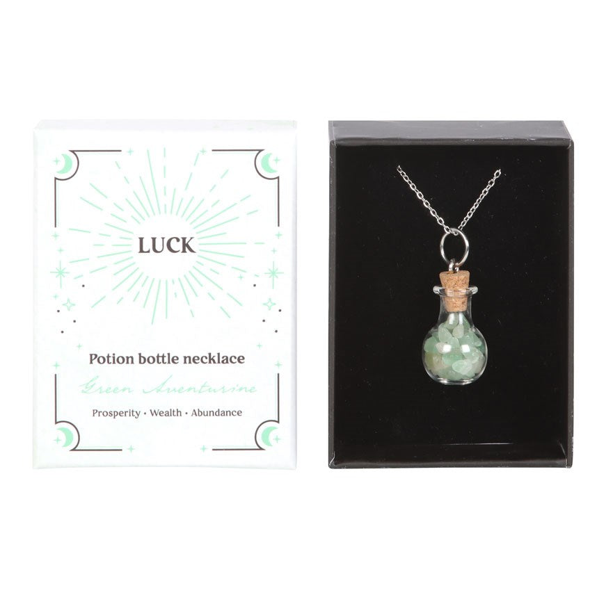 Collana Portafortuna con Bottiglietta di Pozione e Avventurina Verde – Collezione "Crystal Witch"