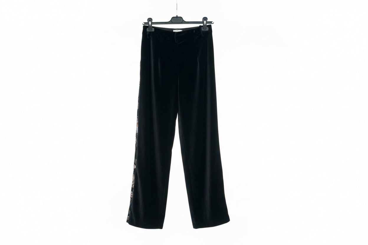 Pantaloni Midnight Flowers in velluto nero con paillettes