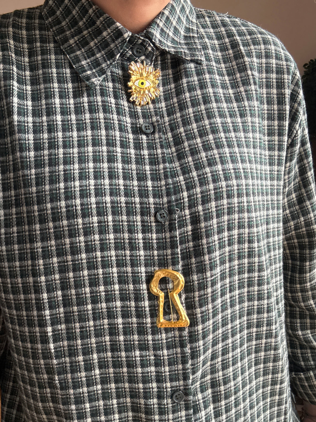 Camicia donna a quadri in cotone con spille gioiello rimovibili - in 2 Colori