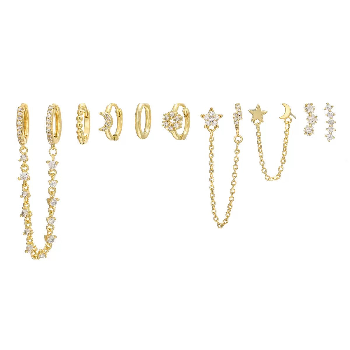 Set di 12 orecchini Moon and Stars Oro