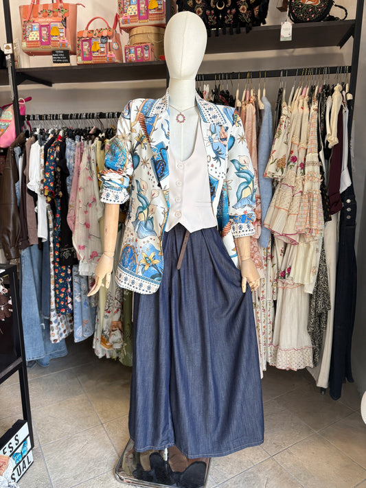 Pantaloni Palazzo in Denim Fluido con Cintura