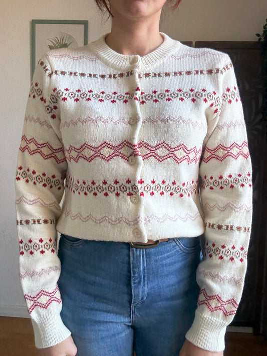 Cardigan corto in maglia Fair Isle Cottagecore panna