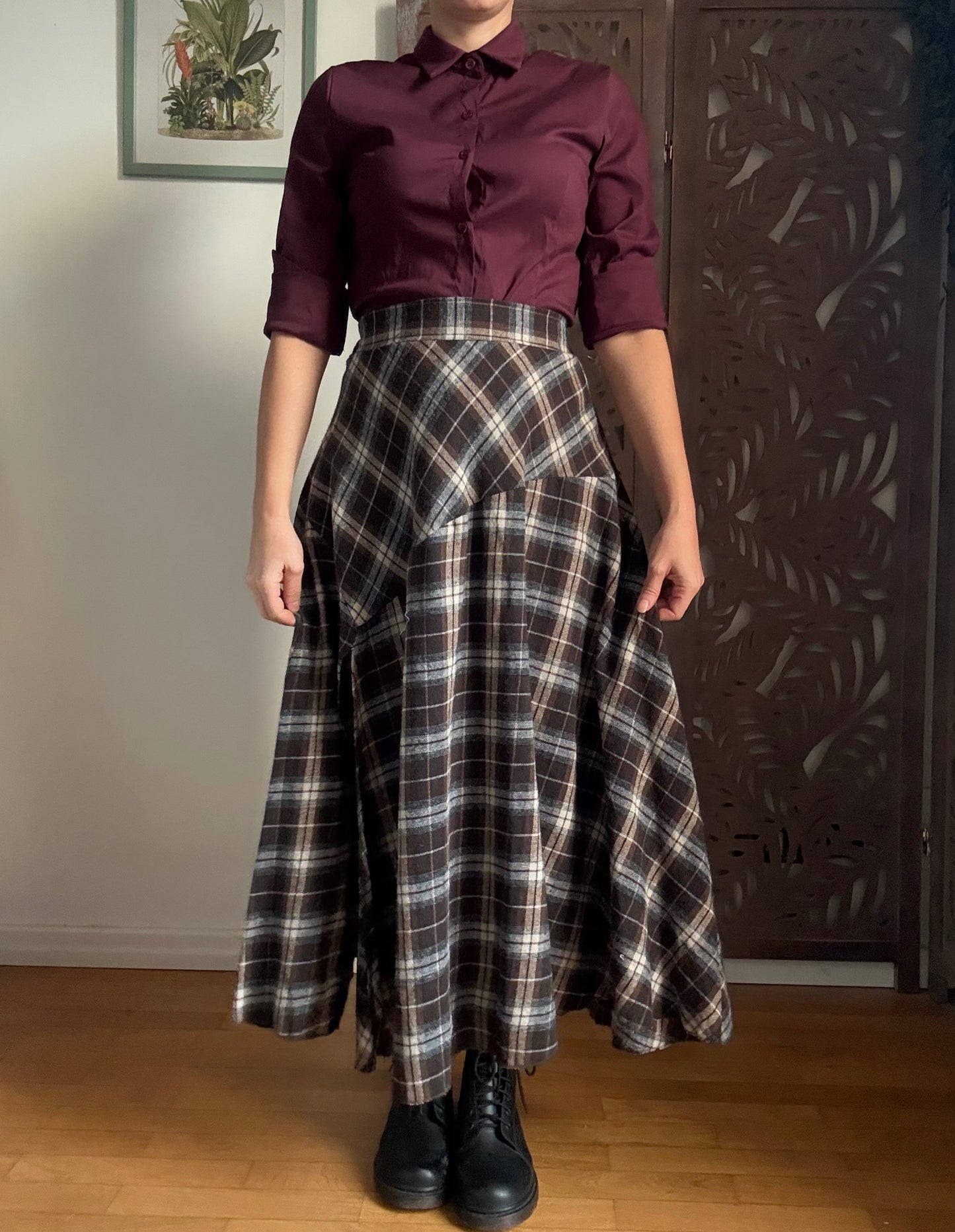 Gonna lunga tartan in cotone asimmetrica a vita alta con spacco frontale