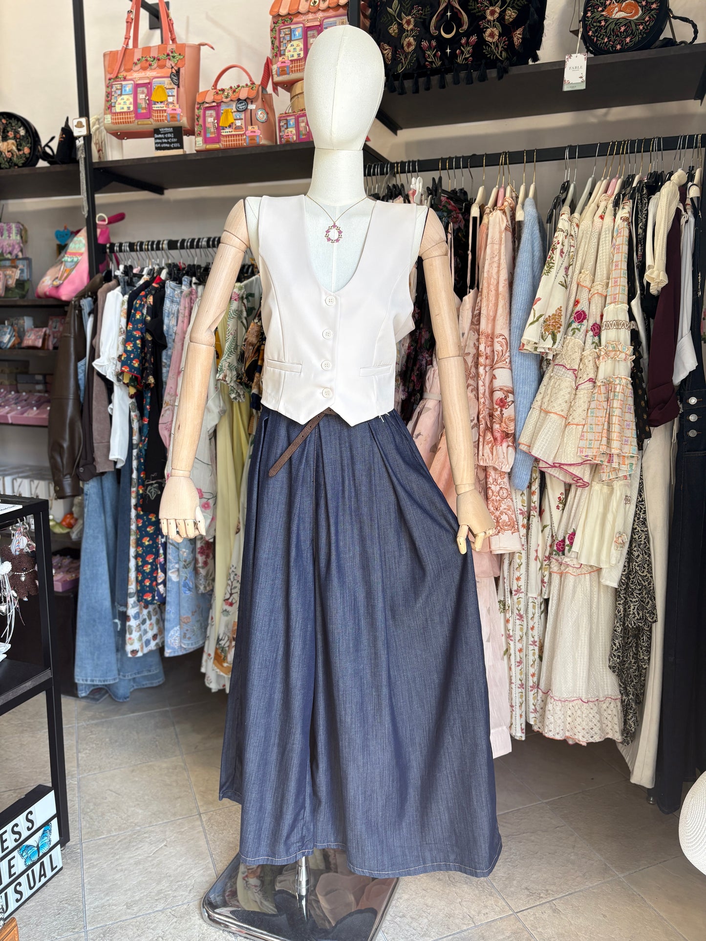 Pantaloni Palazzo in Denim Fluido con Cintura