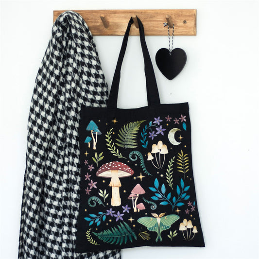 Borsa Tote "Dark Forest" in Policotone Nero con Funghi e Falena Luna