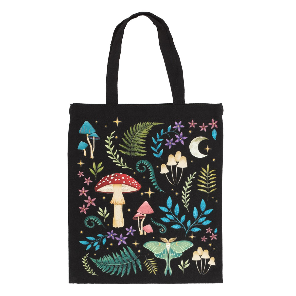 Borsa Tote "Dark Forest" in Policotone Nero con Funghi e Falena Luna