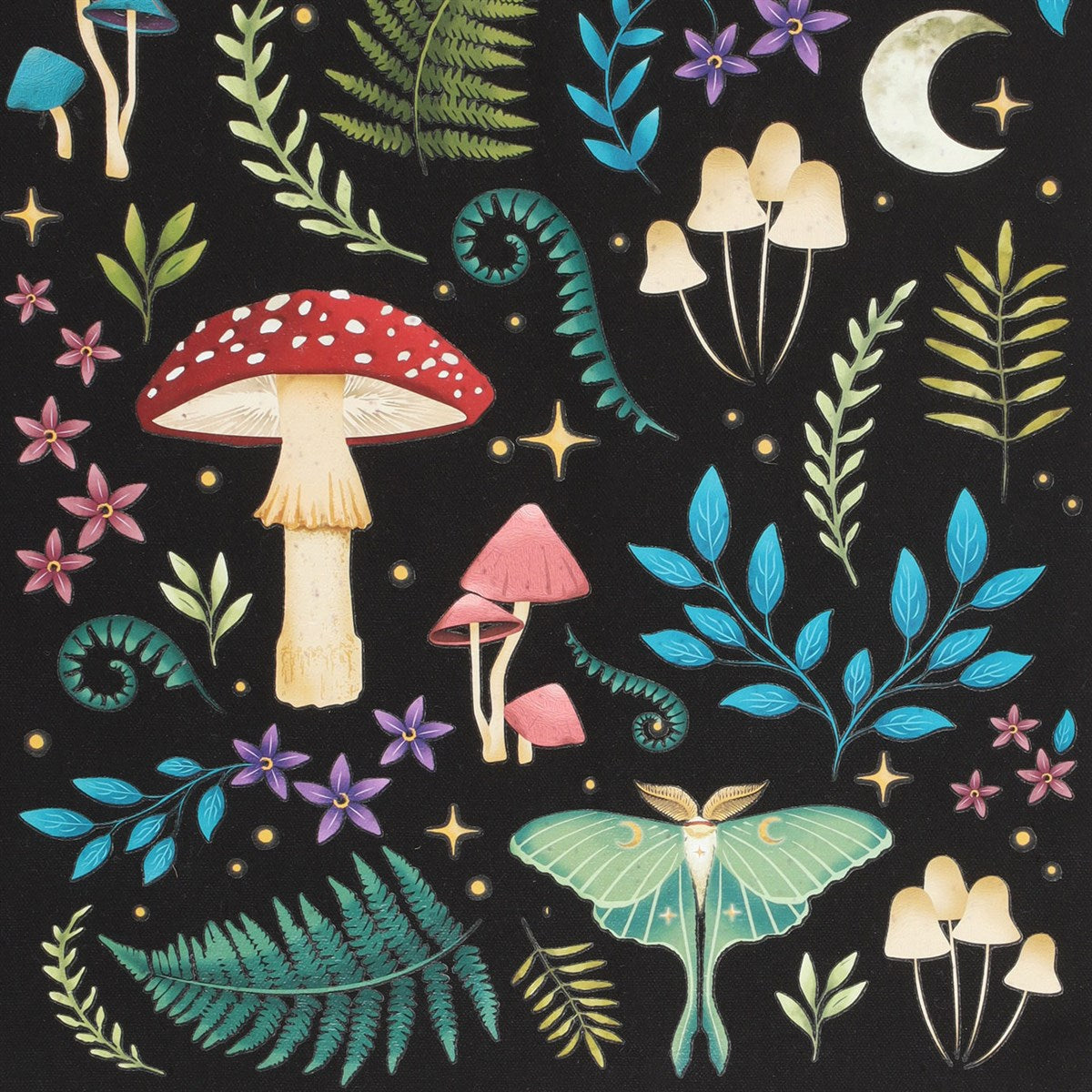 Borsa Tote "Dark Forest" in Policotone Nero con Funghi e Falena Luna