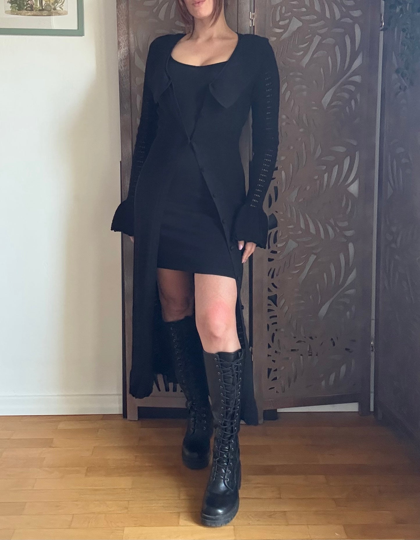 Abito chemisier lungo traforato nero con colletto