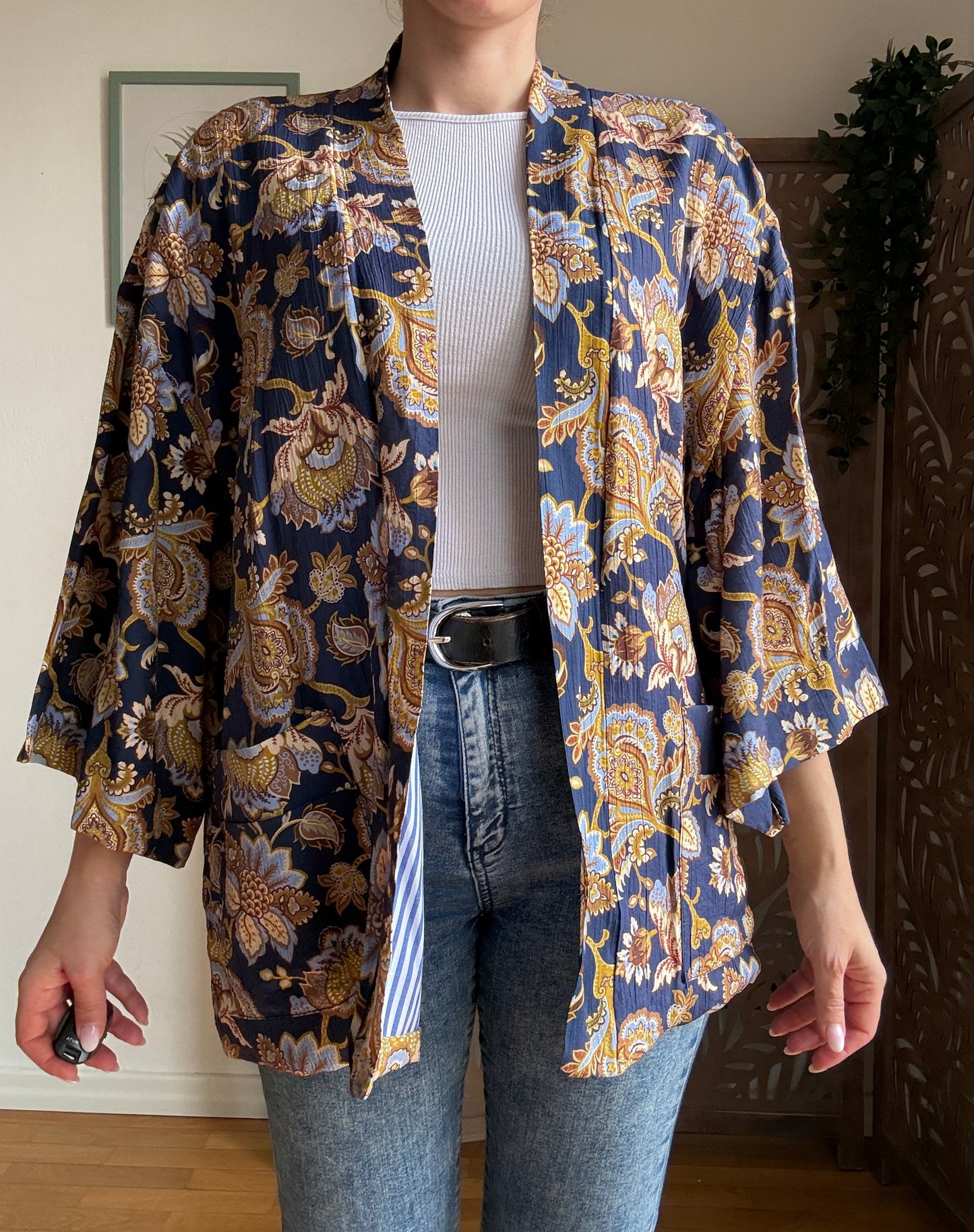 Kimono Donna Boho Chic Foderato in Cotone con Interno a Righe e Tasche - In Vari Colori e Fantasie