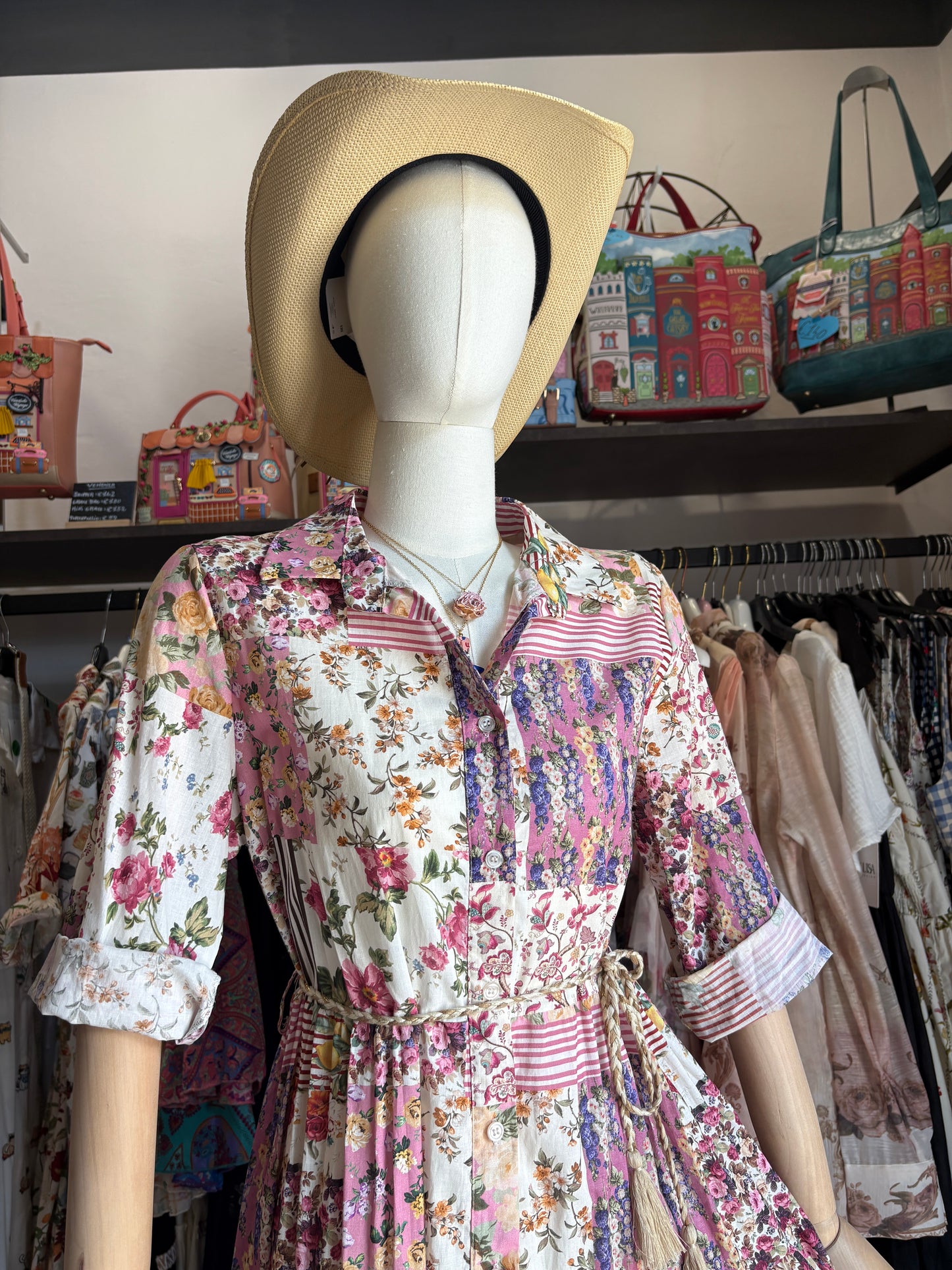 Abito Chemisier Lungo Patchwork Floreale in Cotone con Cintura a Corda