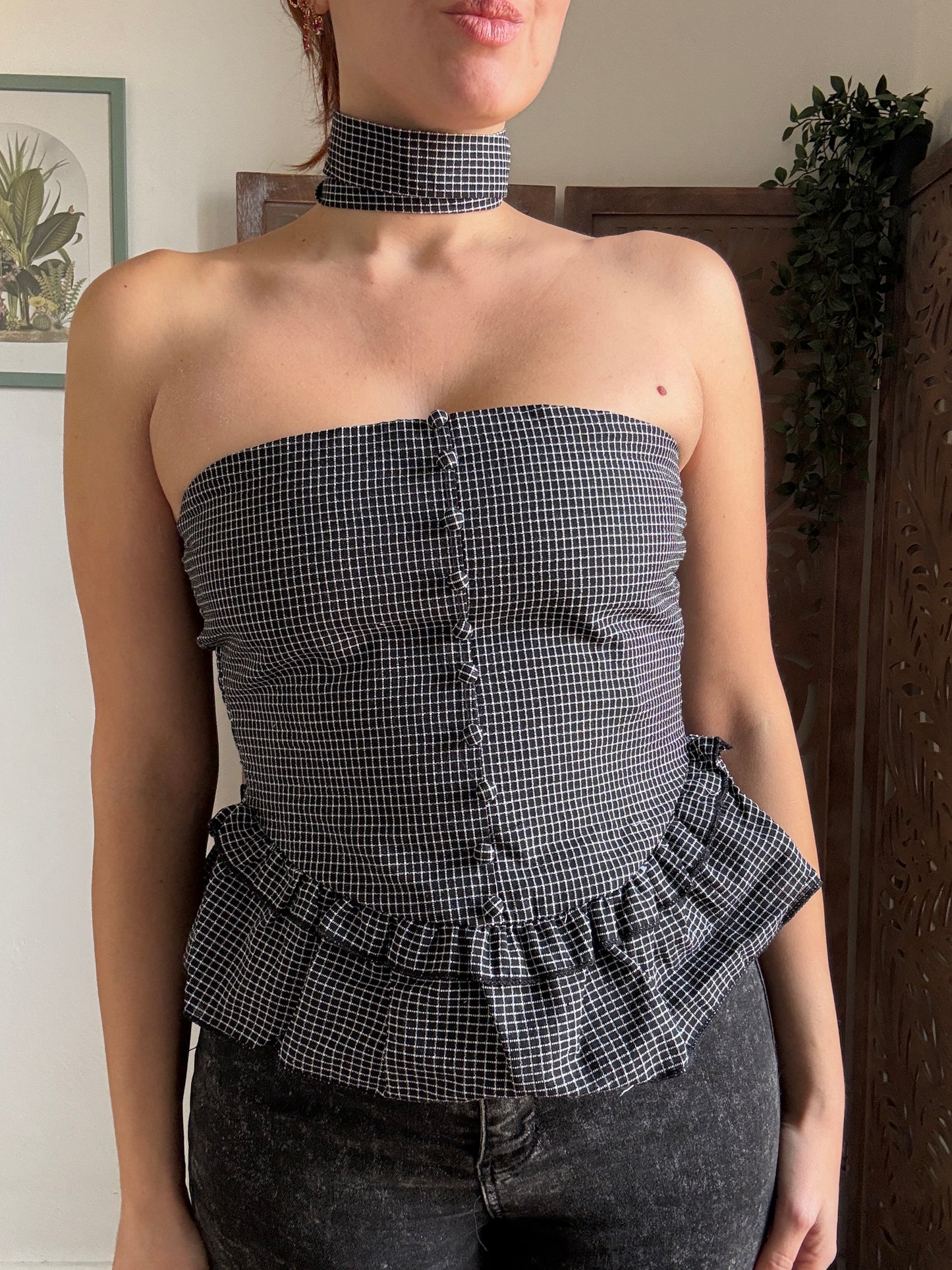 Top Peplum a Quadretti con Nastro - Nero