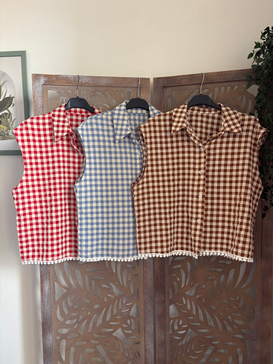 Camicette Smanicate Vichy con Bordo in Merletto