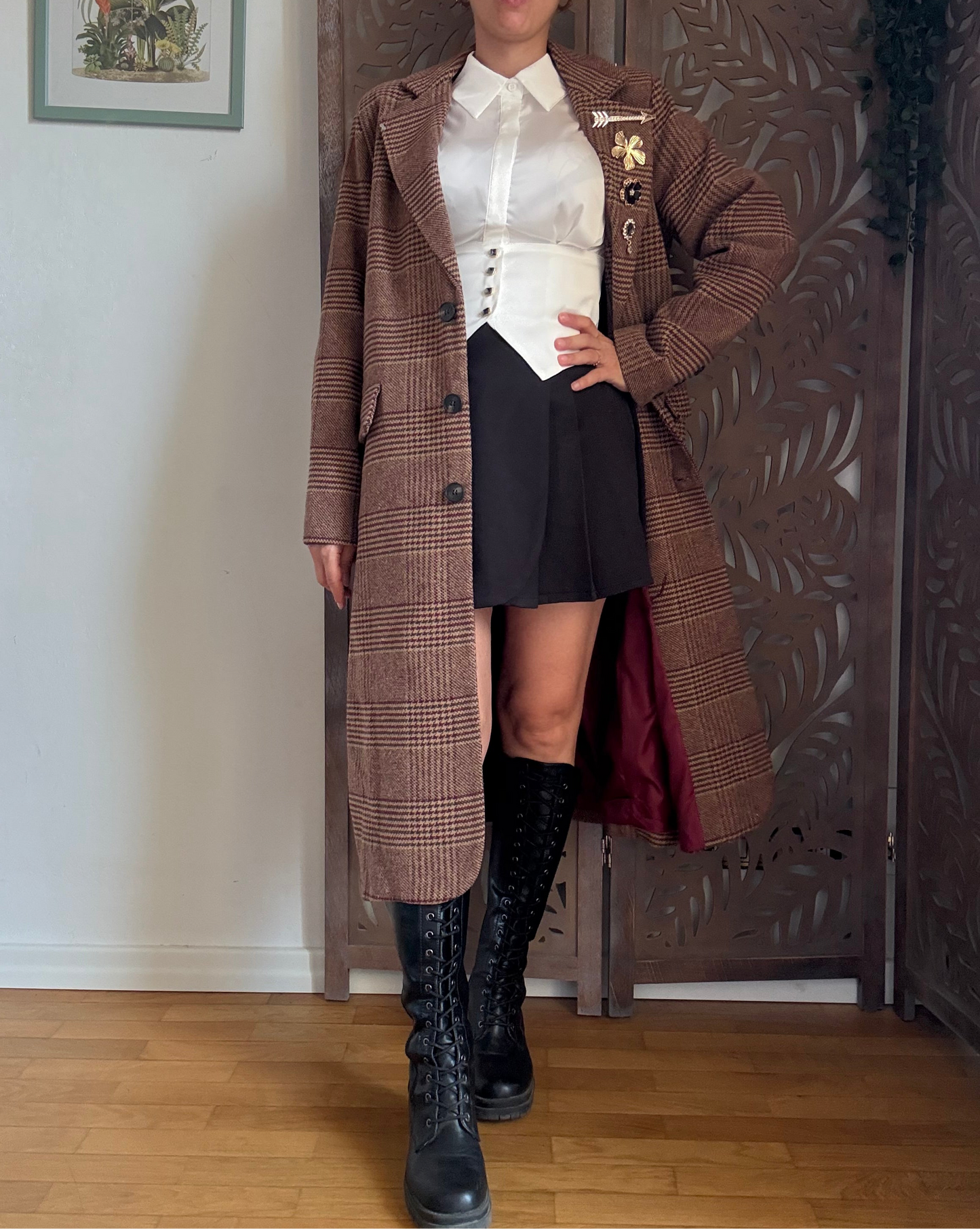Cappotto College lungo bordeaux a quadretti in cotone con spille