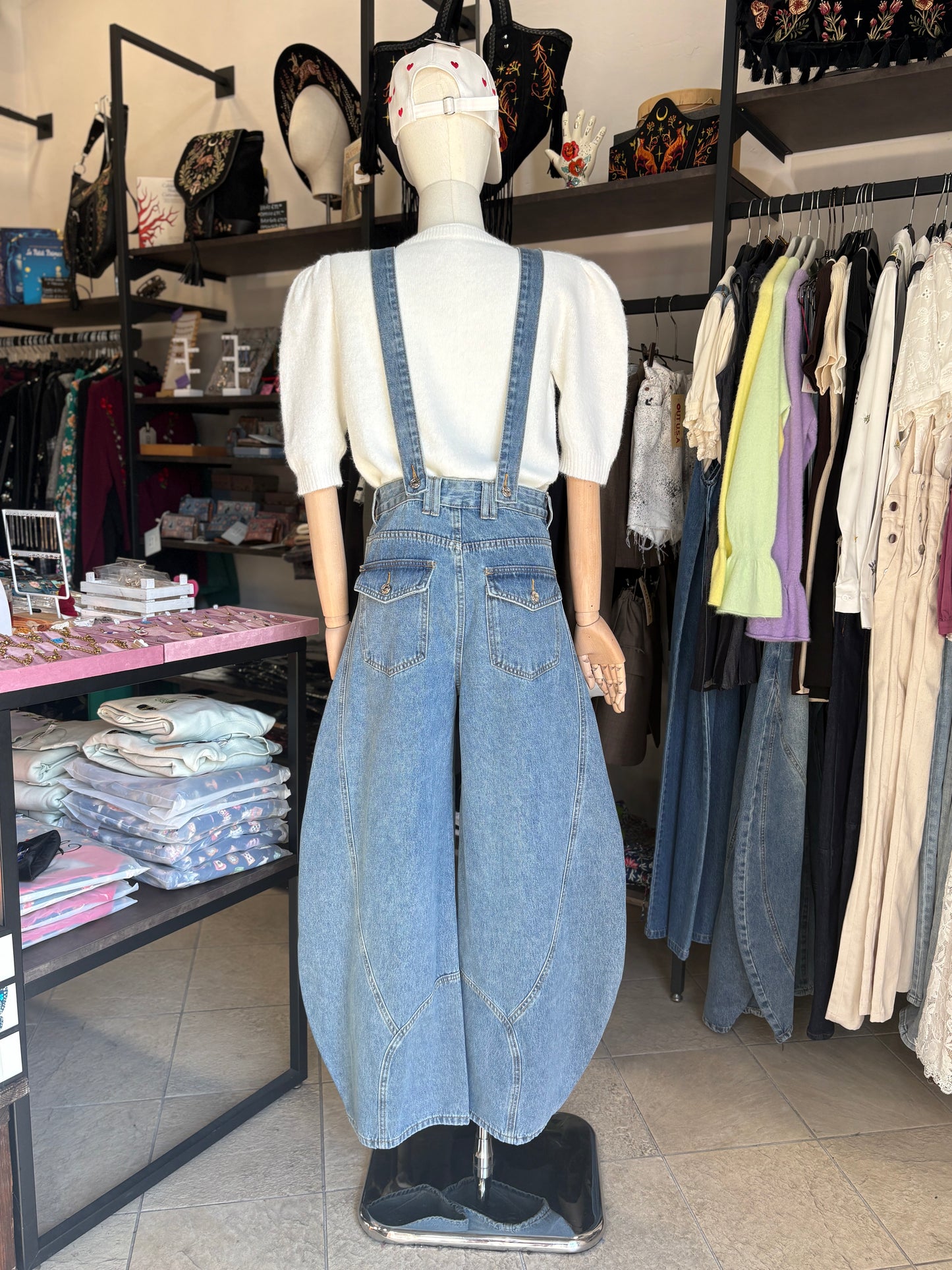 Pantaloni/Salopette Denim "Barrel Fit" con Bretelle Removibili