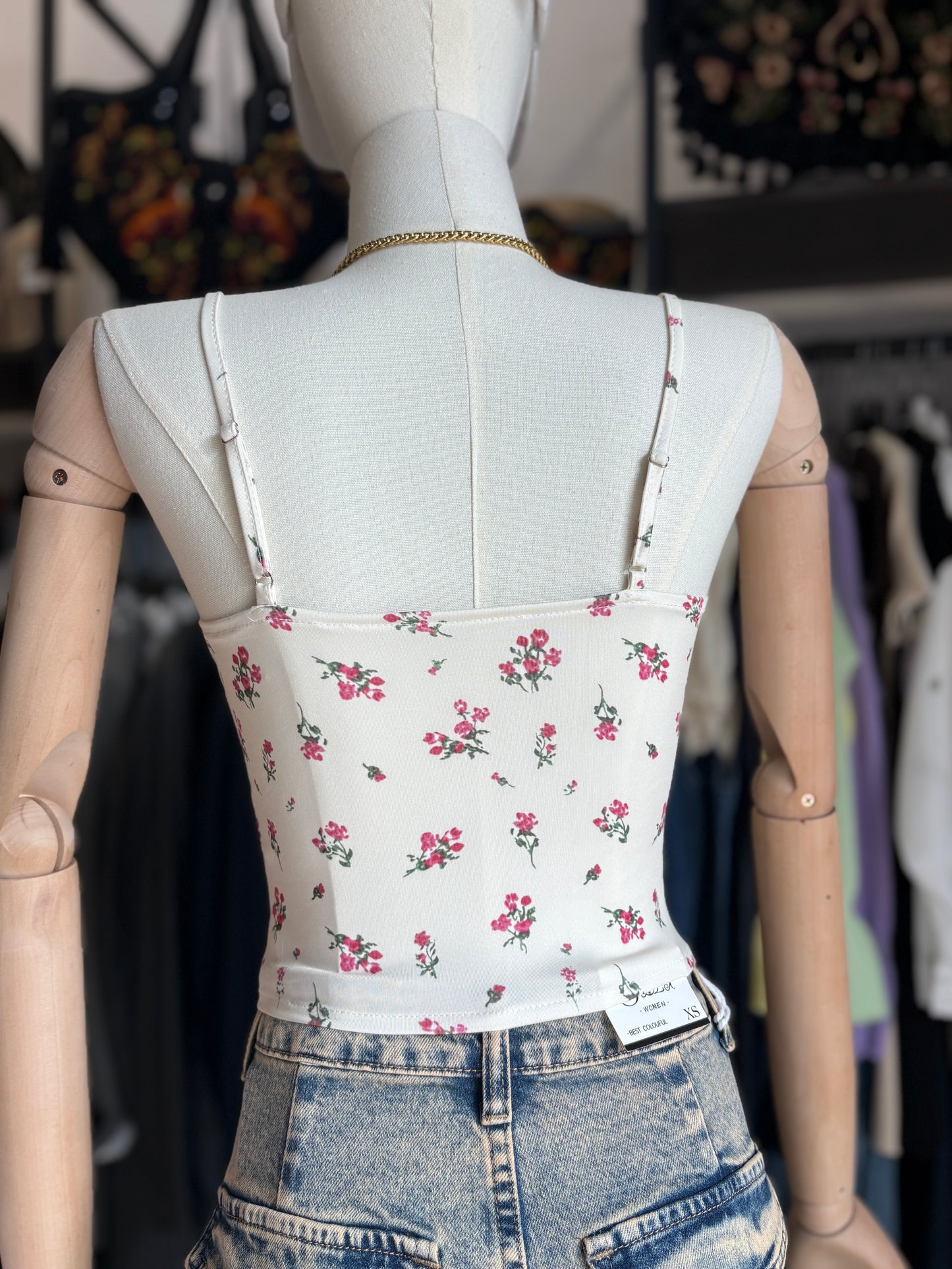 Top Bustier Stringato con Coppe Arricciate – Bianco Floreale