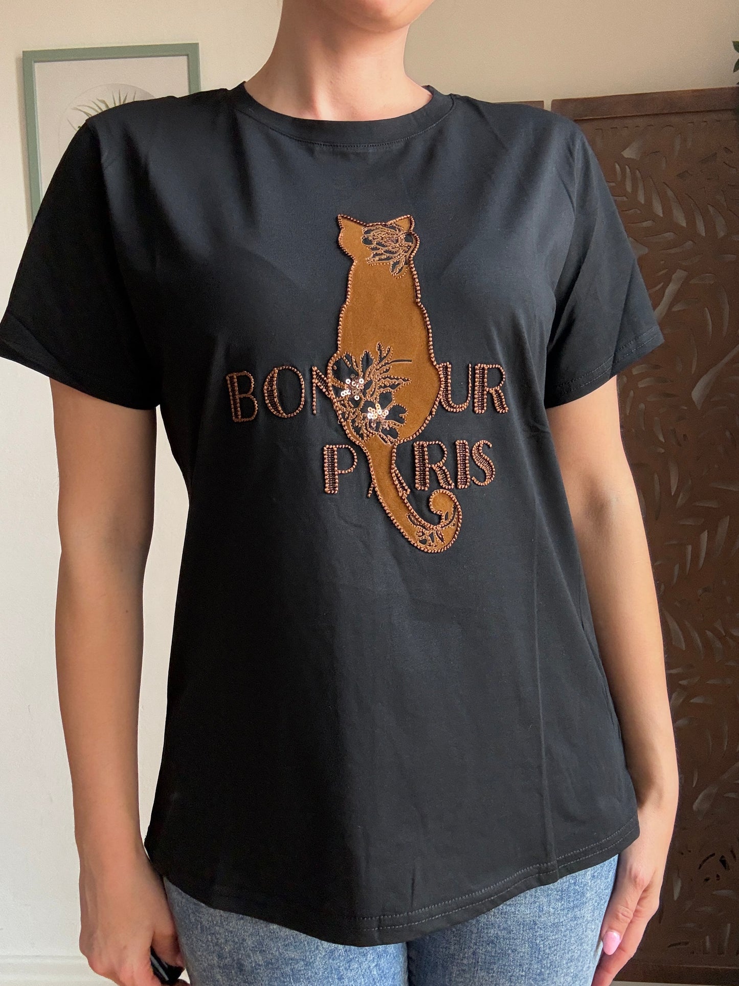 T-shirt Gatto in Cotone Bonjour Paris con Applicazioni Paillettes - In 3 Colori