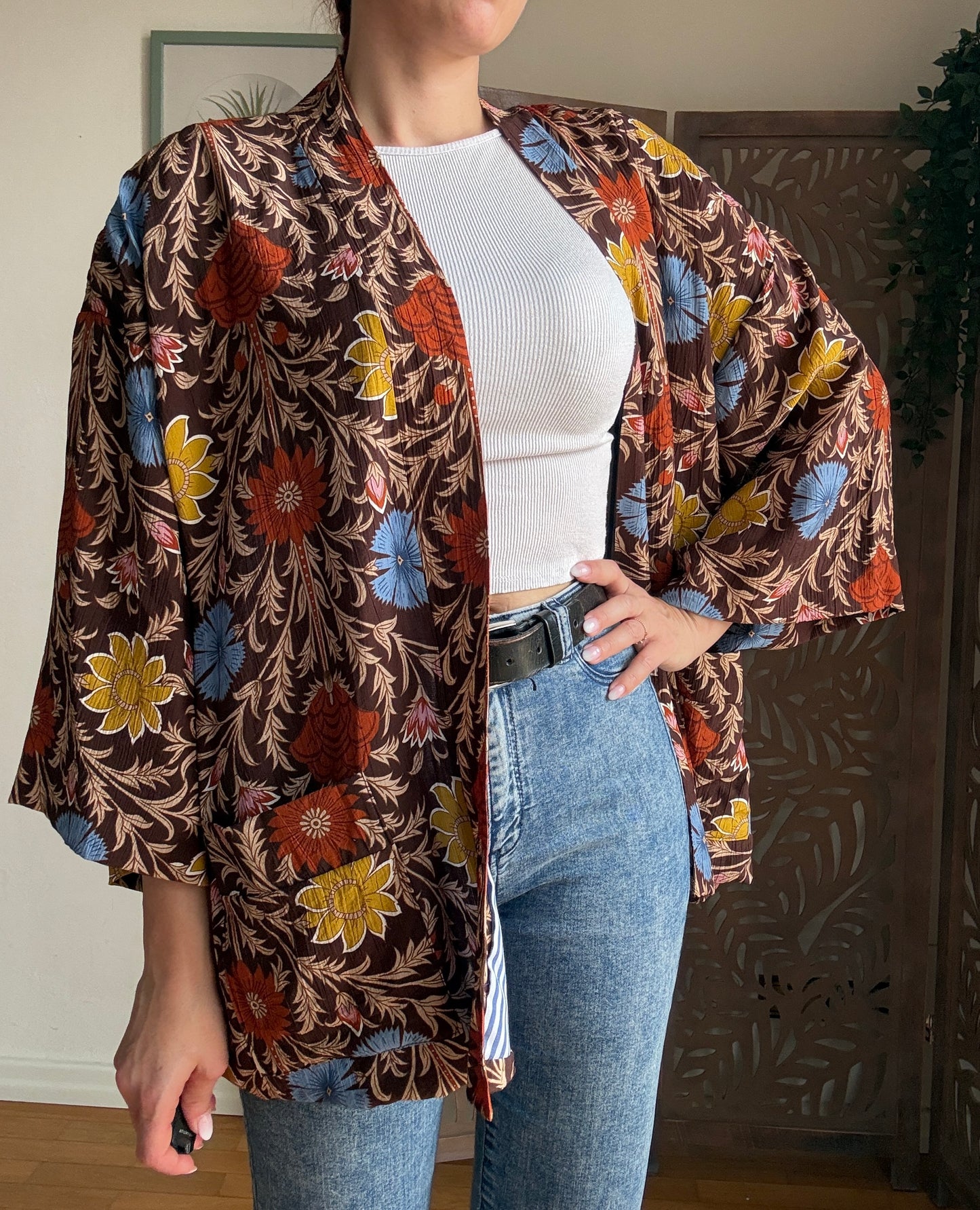 Kimono Donna Boho Chic Foderato in Cotone con Interno a Righe e Tasche - In Vari Colori e Fantasie