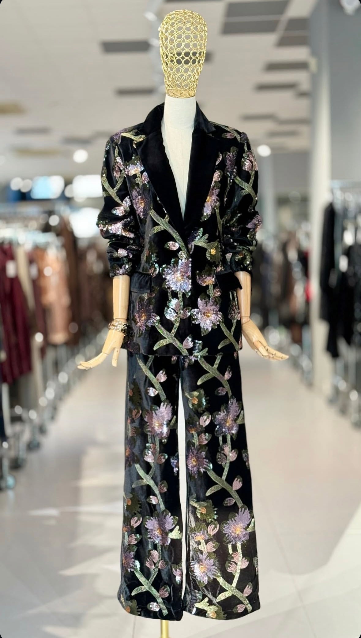 Pantaloni Midnight Flowers in velluto nero con paillettes