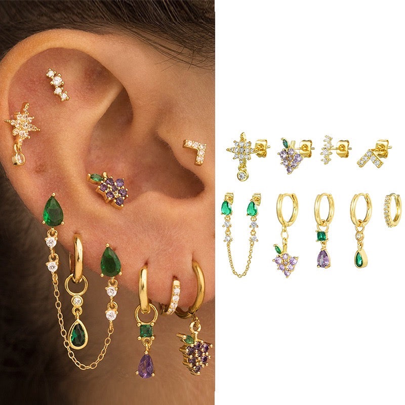 Set di 10 orecchini Uva e Smeraldo in 2 colori