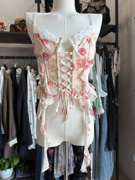 Bustino Red Roses – Stampa Floreale e Dettagli Lace-up