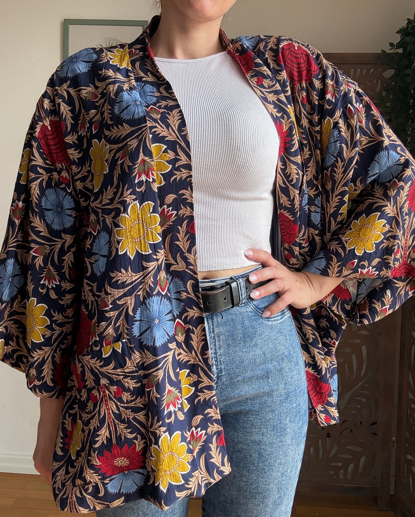Kimono Donna Boho Chic Foderato in Cotone con Interno a Righe e Tasche - In Vari Colori e Fantasie