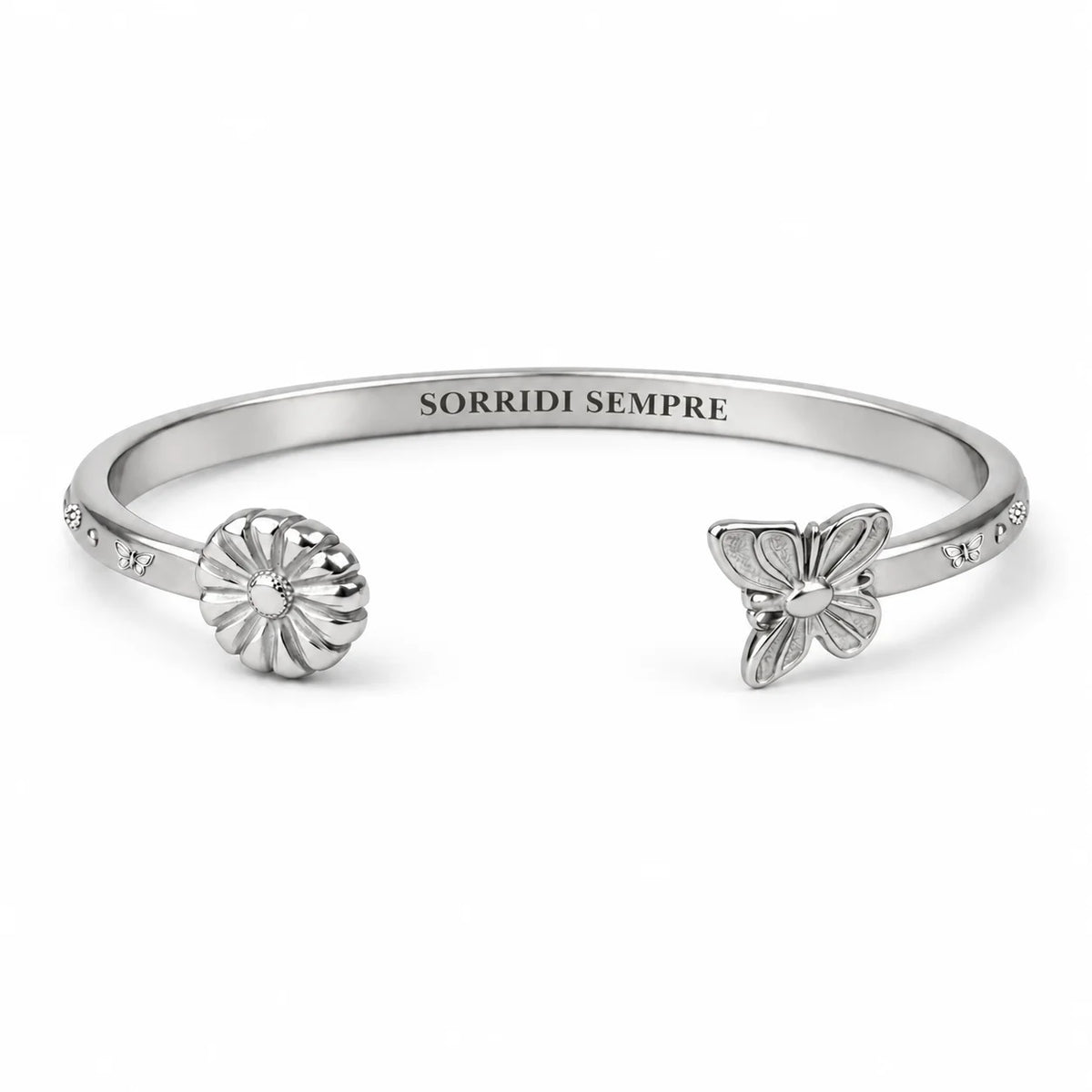 Bracciale “Sorridi sempre” con farfalla e margherita in acciaio 316L