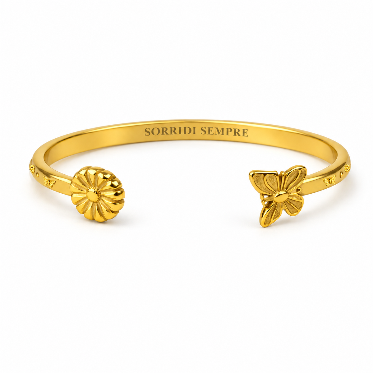 Bracciale “Sorridi sempre” con farfalla e margherita in acciaio 316L
