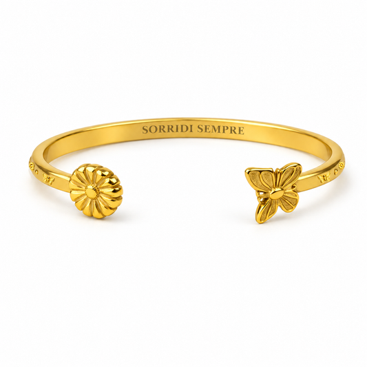 Bracciale “Sorridi sempre” con farfalla e margherita in acciaio 316L