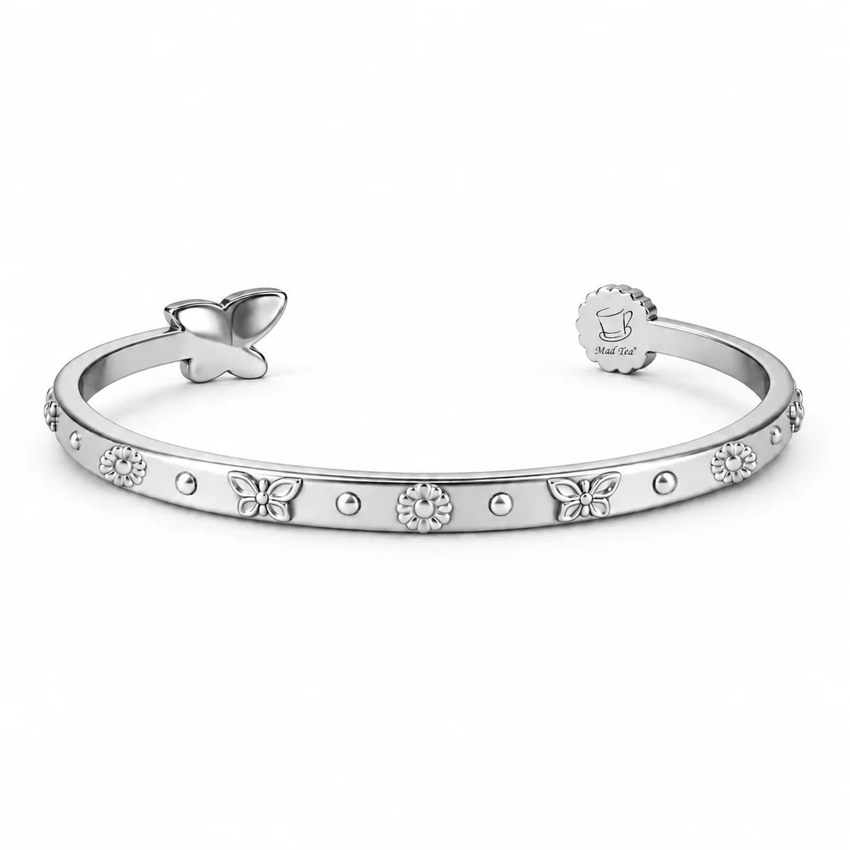 Bracciale “Sorridi sempre” con farfalla e margherita in acciaio 316L