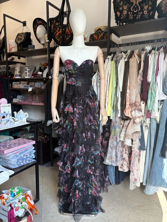 Abito Maxi "Spring Bloom" in Tulle a Balze - Nero con Scollo a Cuore