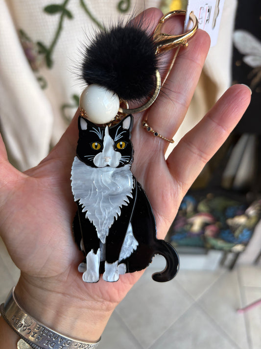 Portachiavi e charm per borsa Gatto Bianco e Nero con pompon