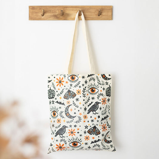 Borsa Tote "Frightful Folk" con Stampa di Lune e Corvi
