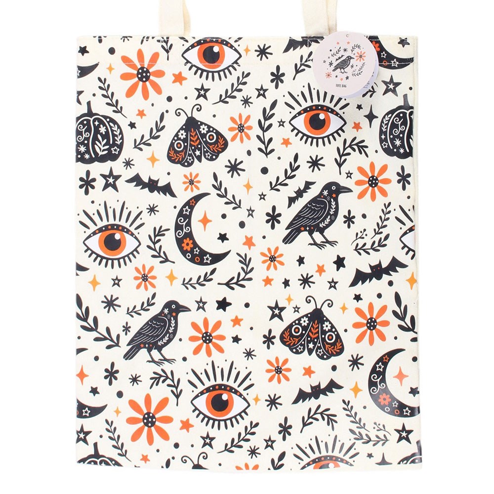 Borsa Tote "Frightful Folk" con Stampa di Lune e Corvi