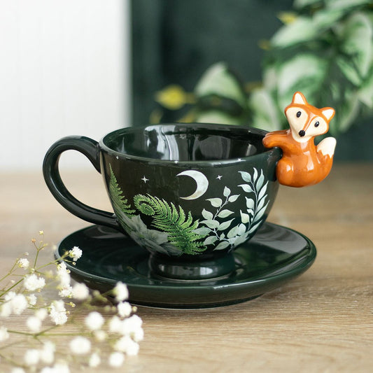 Tazza da Tè con Piattino e Volpe 3D – "Green Forest" Teacup & Saucer