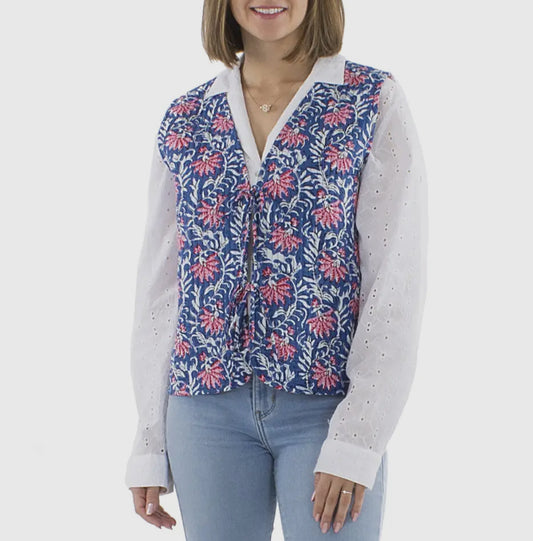 Gilet boho indiano in 100% cotone trapuntato con motivo floreale